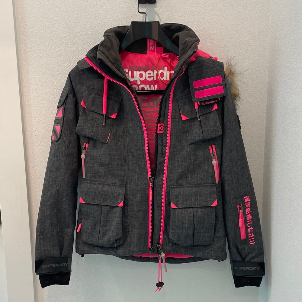 Superdry Charcoal Gray & Hot Pink Hooded Puffer Jacket